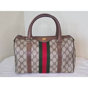 Gucci GG Supreme Boston Bag Web Stripe Brown Leather Satchel Ophidia Vintage